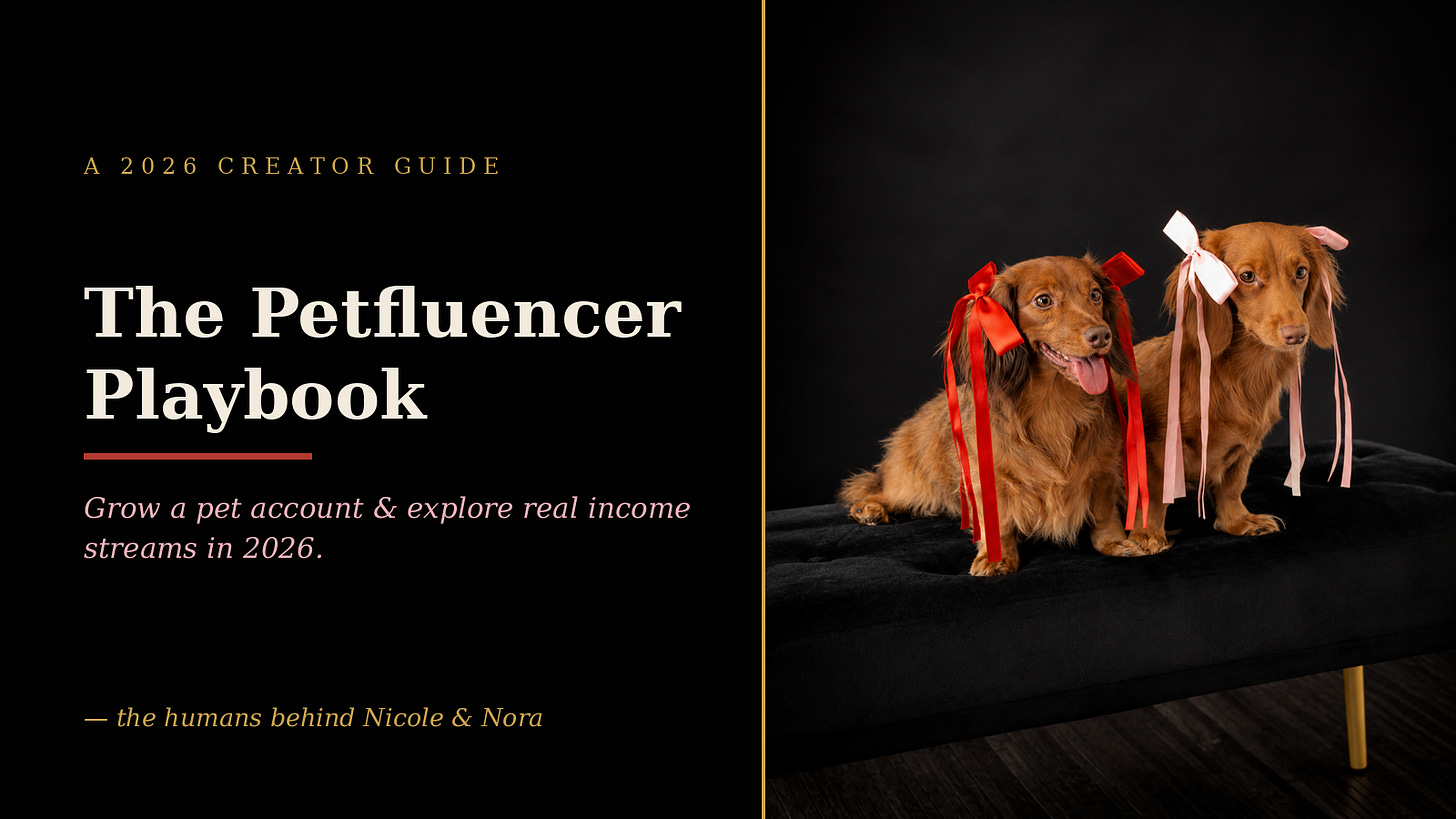 Nicole and Nora on the cover of The Petfluencer Playbook, a guide to getting paid as a pet creator Nicole and Nora on the cover of The Petfluencer Playbook, a guide to getting paid as a pet creator