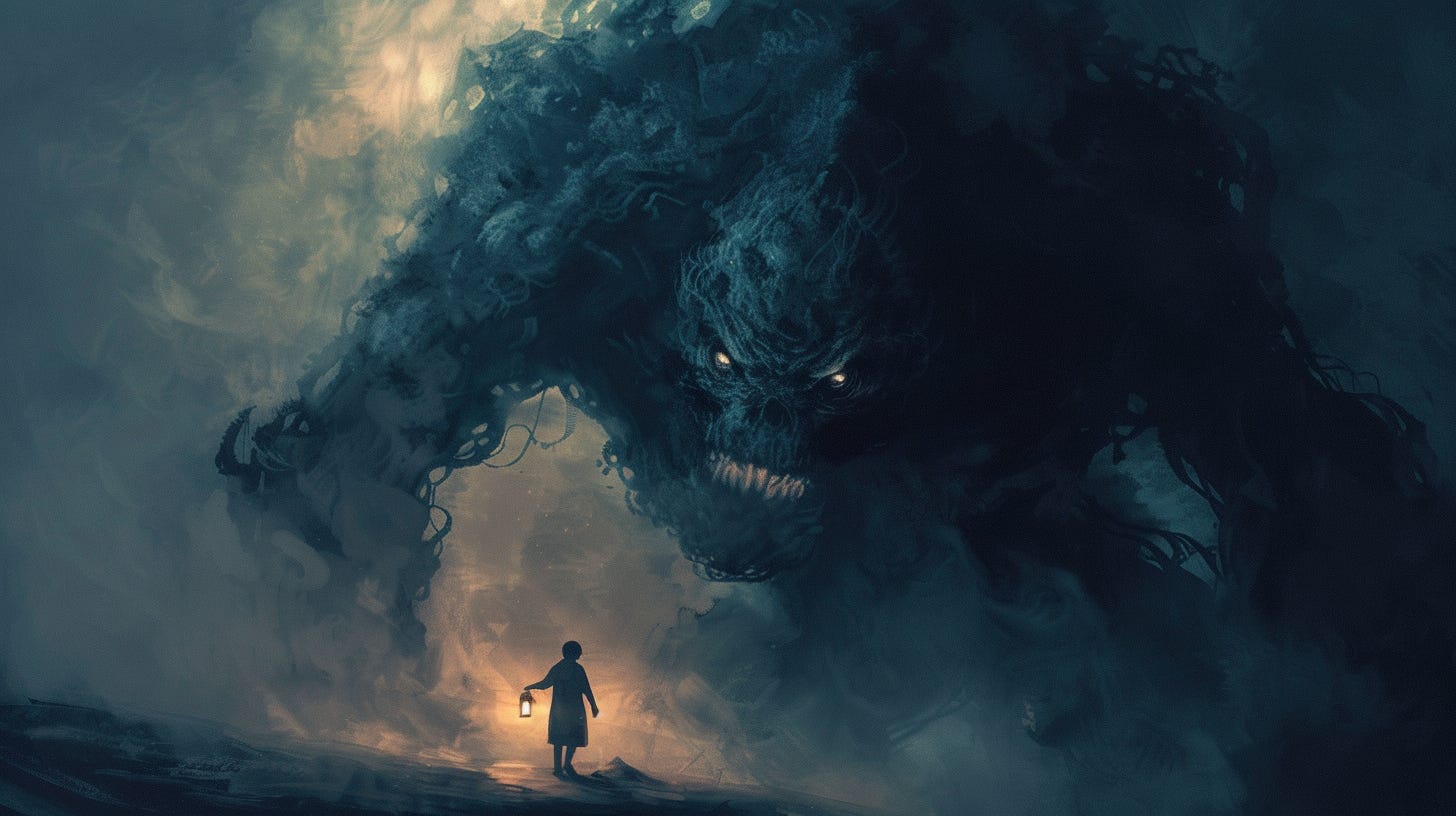 Illustration of a small human figure confronting a large shadow monster, representing psychological confrontation
