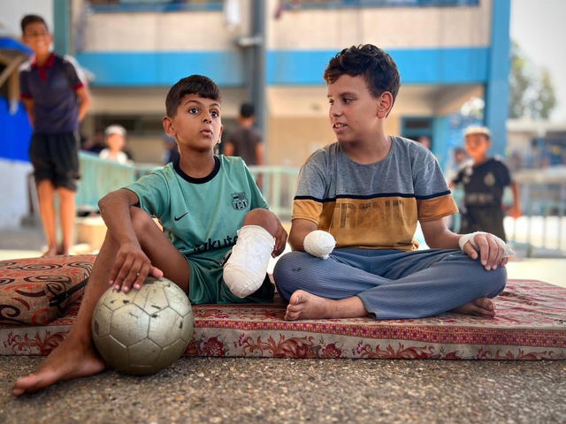 Muhammad and Abdel both lost a limb when the UNRWA school they were sheltering in was hit in Nuseirat, Middle Areas. © 2024 UNRWA Photo Muhammad and Abdel both lost a limb when the UNRWA school they were sheltering in was hit in Nuseirat, Middle Areas. © 2024 UNRWA Photo