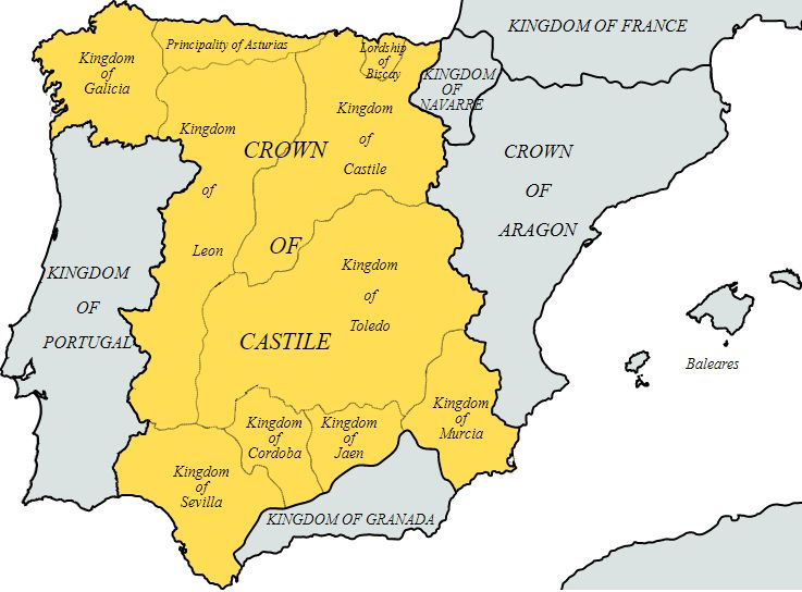 The Iberian Peninsula in the 14th century shown with the many kingdoms that formed Castile, taken from https://en.wikipedia.org/wiki/Crown_of_Castile#/media/File:Corona_de_Castilla_1400_en.svg