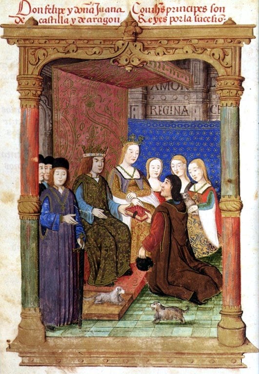 Queen Juana and her husband, Philip, taken from https://en.wikipedia.org/wiki/Joanna_of_Castile#/media/File:Don_Felipe_y_Do%C3%B1a_Juana.jpg