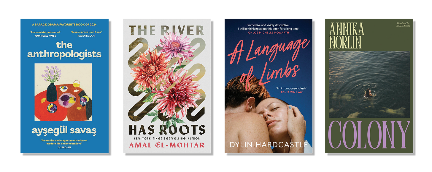 A simple asset with no background showing 4 book covers: The Anthropologists, The River Has Roots, A Language of Limbs, Colony