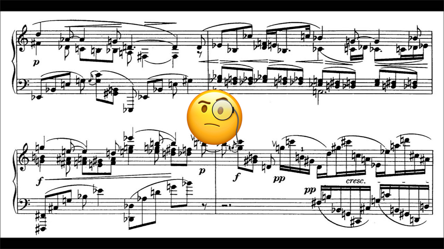 atonal music arrangement with a suspicious monocle emoji overlaid