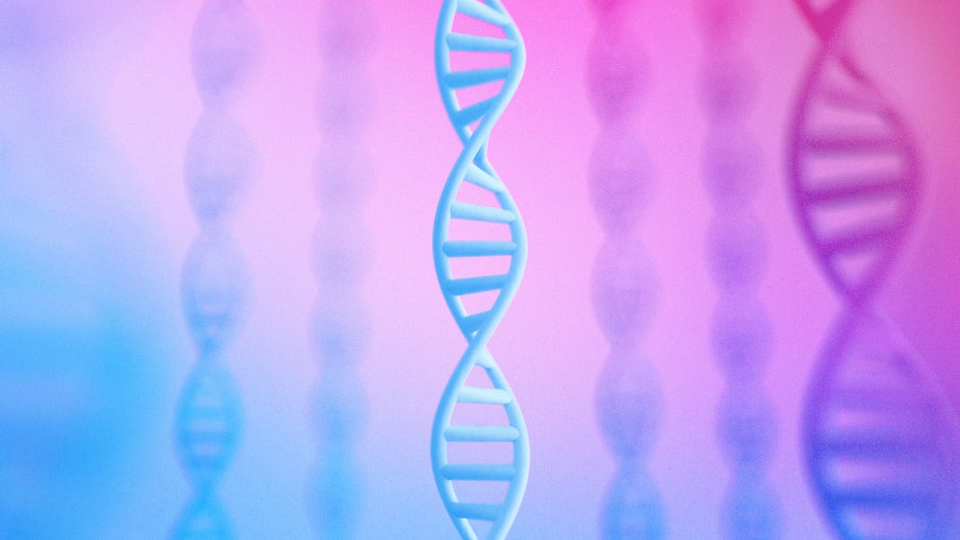 A central, light-blue DNA double helix stands in sharp focus, flanked by a series of DNA strands that fade into a soft, blurry background, giving the impression of a field of genetic information. The backdrop is bathed in a soft light that transitions from pink to purple.
