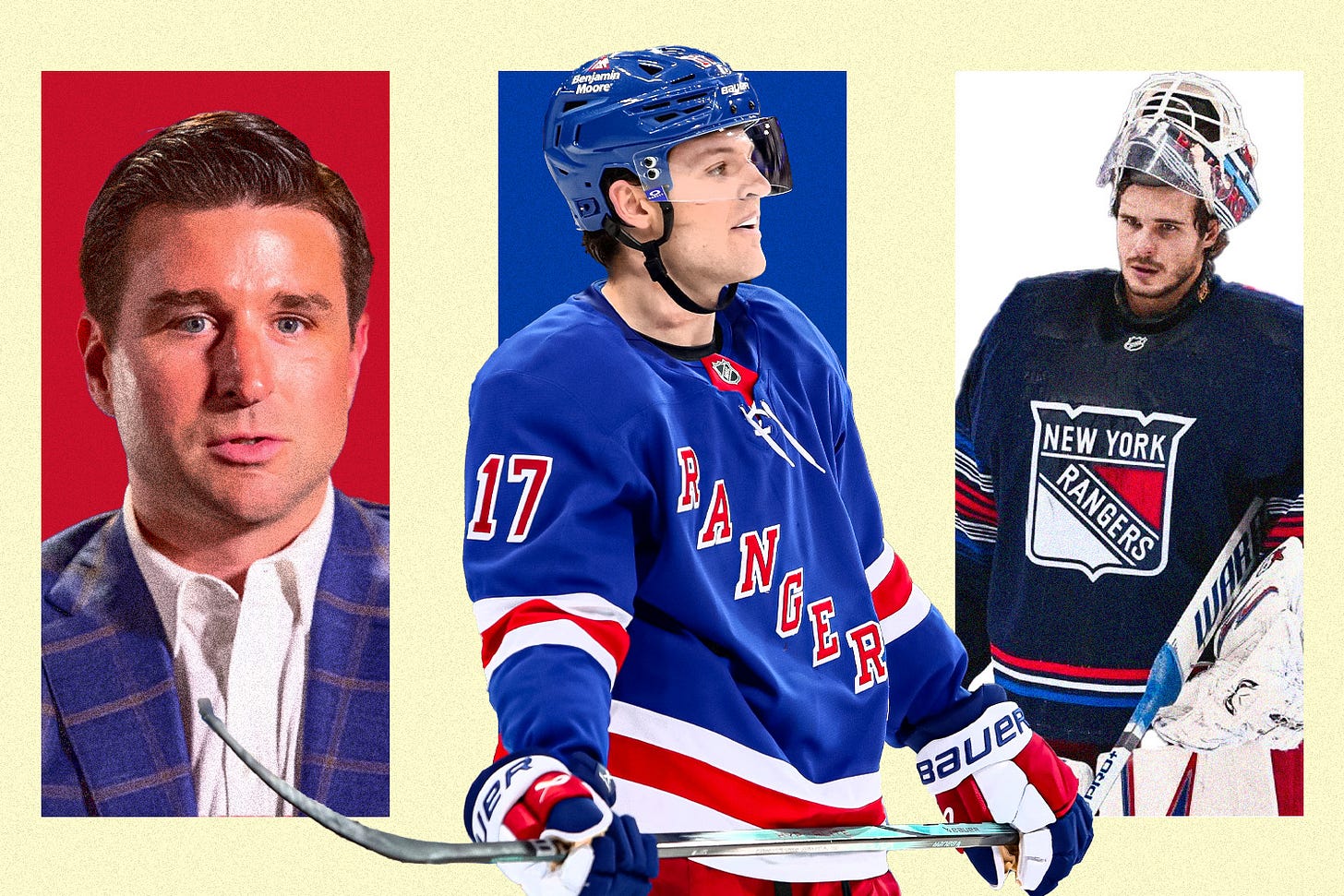 Graphic featuring Rangers general manager Chris Drury, defenseman Will Borgen and goaltender Igor Shesterkin