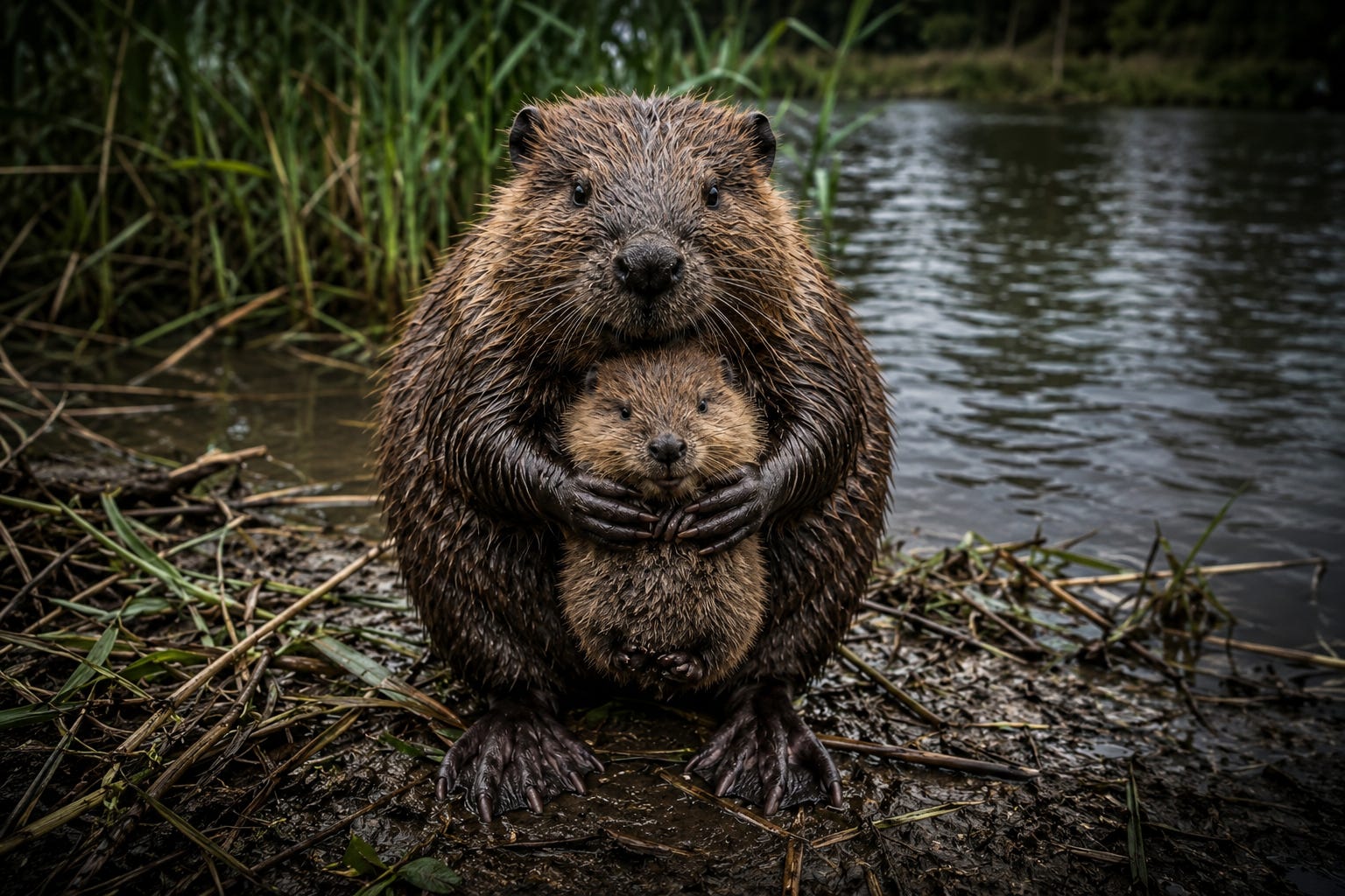 A quiet moment of protection and connection unfolds along the riverbank as a beaver gently cradles its young in a surprisingly human-like embrace. Enhanced with darker natural tones and rich detail, the image captures the warmth, intelligence, and emotional depth often hidden within the wild. A quiet moment of protection and connection unfolds along the riverbank as a beaver gently cradles its young in a surprisingly human-like embrace. Enhanced with darker natural tones and rich detail, the image captures the warmth, intelligence, and emotional depth often hidden within the wild.