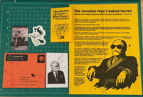 Three Planet Nude Sticker Club mailings laid out on a table, showing a mix of illustrated nudist-themed stickers, printed inserts, and zine-style extras from different monthly drops.
