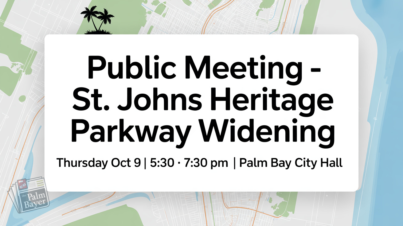 Digital flyer announcing the Oct. 9 public meeting on the St. Johns Heritage Parkway widening project in Palm Bay, Florida.