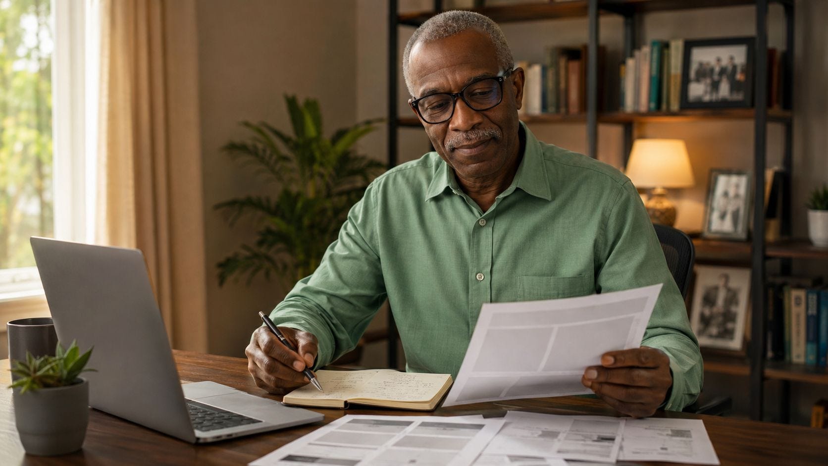 An older solopreneur reviews printed website pages while taking notes at a desk with a laptop nearby. An older solopreneur reviews printed website pages while taking notes at a desk with a laptop nearby.