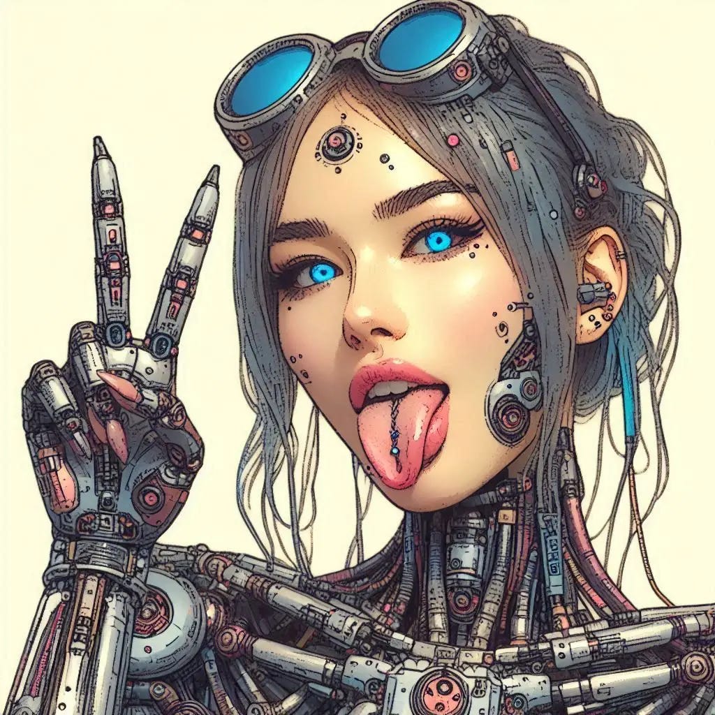 A pretty female cyborg makes a peace sign and sticks out her tongue. Her tongue is forked. Slight impressionist style. A pretty female cyborg makes a peace sign and sticks out her tongue. Her tongue is forked. Slight impressionist style.