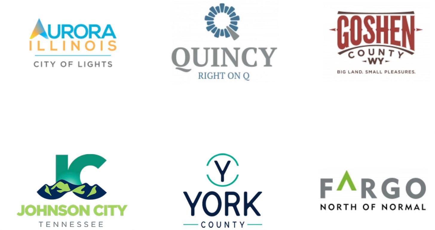Six separate community logos
