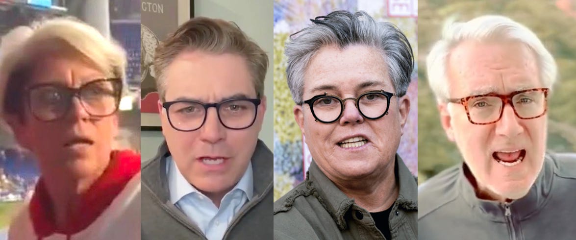 Four individuals with light-colored hair and glasses. Jack Posobiec is in the second position, wearing a light blue shirt and glasses. The others include a person with short blonde hair in a red scarf, a person with gray hair in a green jacket, and a person with white hair in a green jacket.