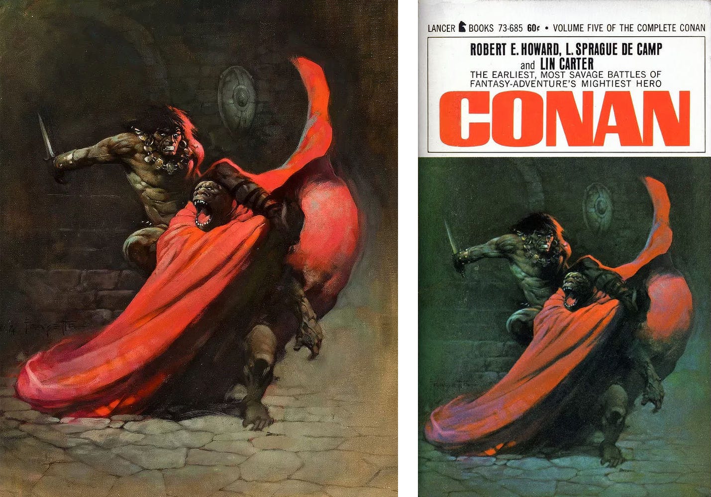 Illustration and cover side-by-side. Cover text includes “the Earliest, most savage battles of fantasy-adventure’s mightiest hero CONAN.”  A wild-eyed Conan pounces on the back of a man-ape wearing a crimson cloak. His arm is drawn back holding a long dagger. Its mouth is open in a scream as Conan swings one leg over its shoulder. Conan is bare chested. Hoops hang from his ears and a necklace double strung with small metal plates of various shapes.