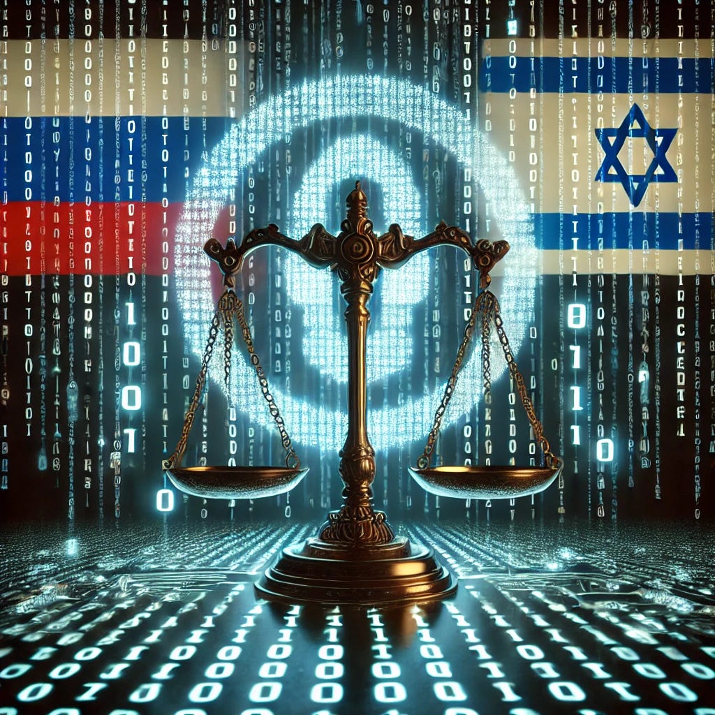 An abstract, high-tech depiction of a digital justice scale glowing over binary code, representing the legal crackdown on ransomware developers. The background includes subtle motifs of Russian and Israeli flags and LockBit ransomware symbols.