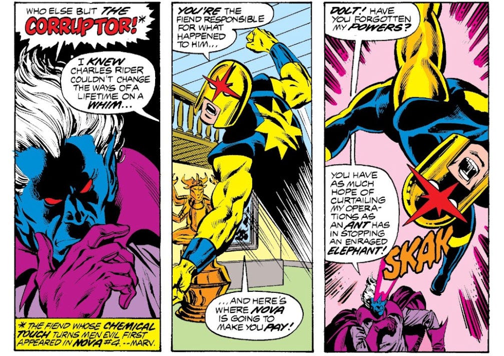 Three panels from this issue showing the Corruptor attacking Nova