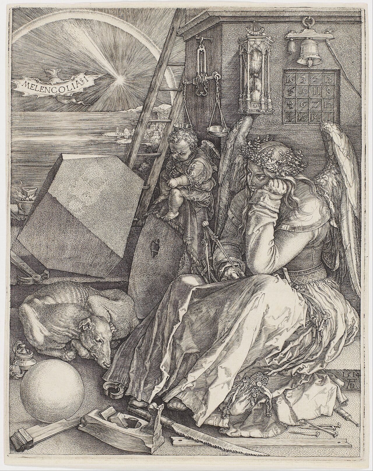 Durer's engraving Melencolia I with a glowing comet like object arched by a rainbow Durer's engraving Melencolia I with a glowing comet like object arched by a rainbow
