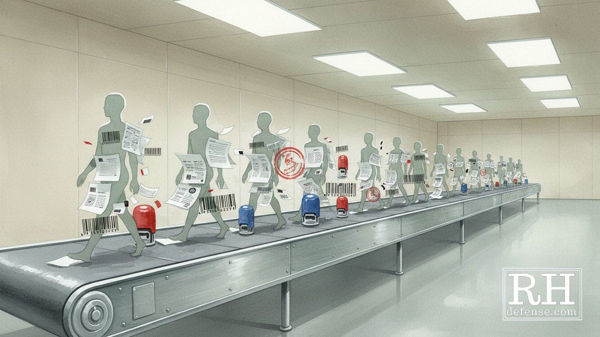 Silhouetted human figures moving along a conveyor belt, gradually covered in paperwork, stamps, and barcode markings under bright institutional lighting.
