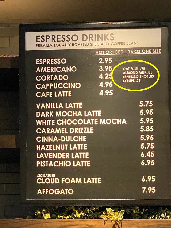 coffee menu boards with non-dairy milk prices