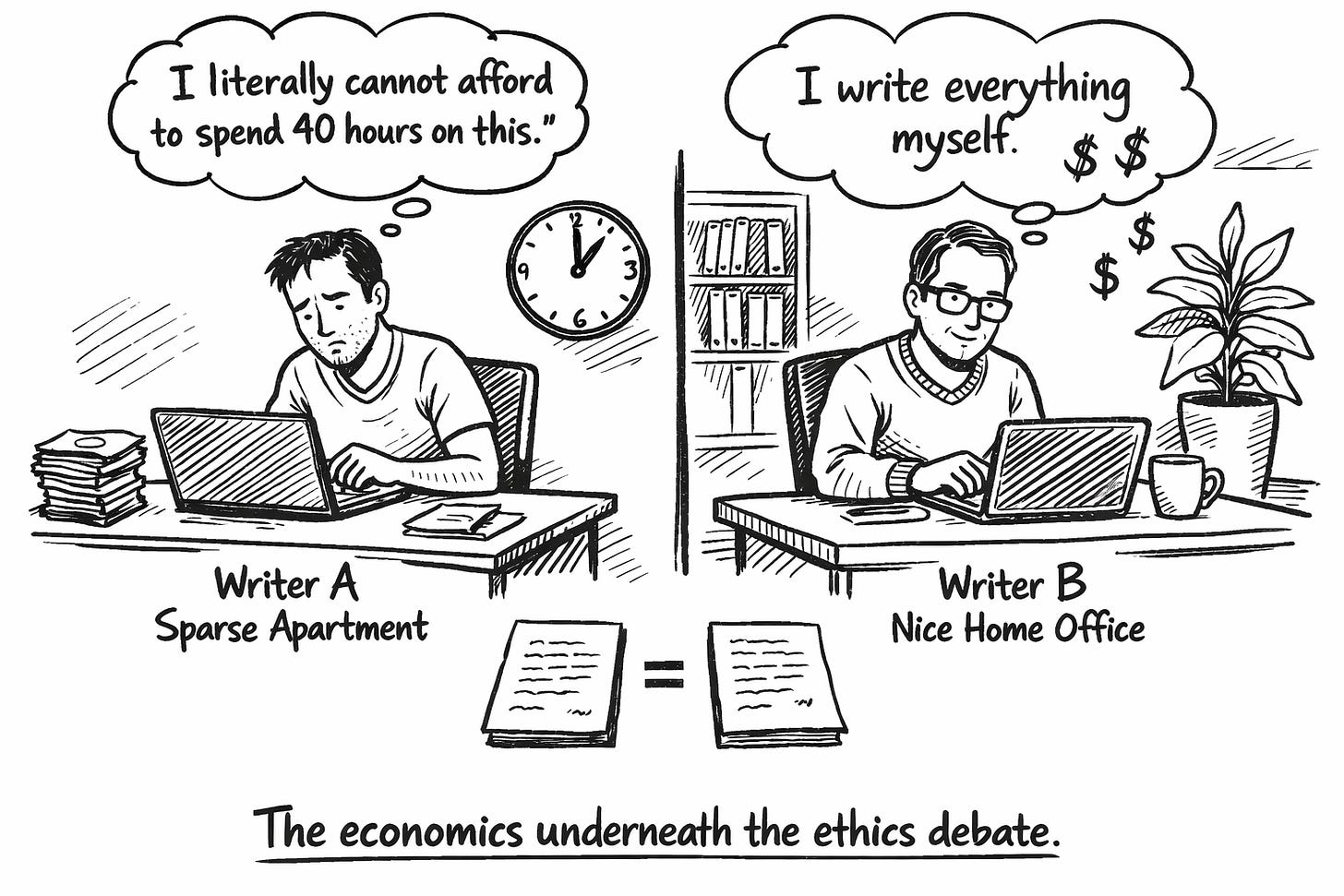 Whiteboard-style split-screen sketch of two writers at laptops producing the same page of work (shown equal sign between outputs). Left: “Writer A” in a sparse apartment at 2am with a tired face, a clock on the wall, and a stack of bills; thought bubble says, “I literally cannot afford to spend 40 hours on this.” Right: “Writer B” in a comfortable home office with bookshelf, plant, and coffee; thought bubble says, “I write everything myself,” with subtle dollar signs floating. Caption at bottom: “The economics underneath the ethics debate.” Whiteboard-style split-screen sketch of two writers at laptops producing the same page of work (shown equal sign between outputs). Left: “Writer A” in a sparse apartment at 2am with a tired face, a clock on the wall, and a stack of bills; thought bubble says, “I literally cannot afford to spend 40 hours on this.” Right: “Writer B” in a comfortable home office with bookshelf, plant, and coffee; thought bubble says, “I write everything myself,” with subtle dollar signs floating. Caption at bottom: “The economics underneath the ethics debate.”