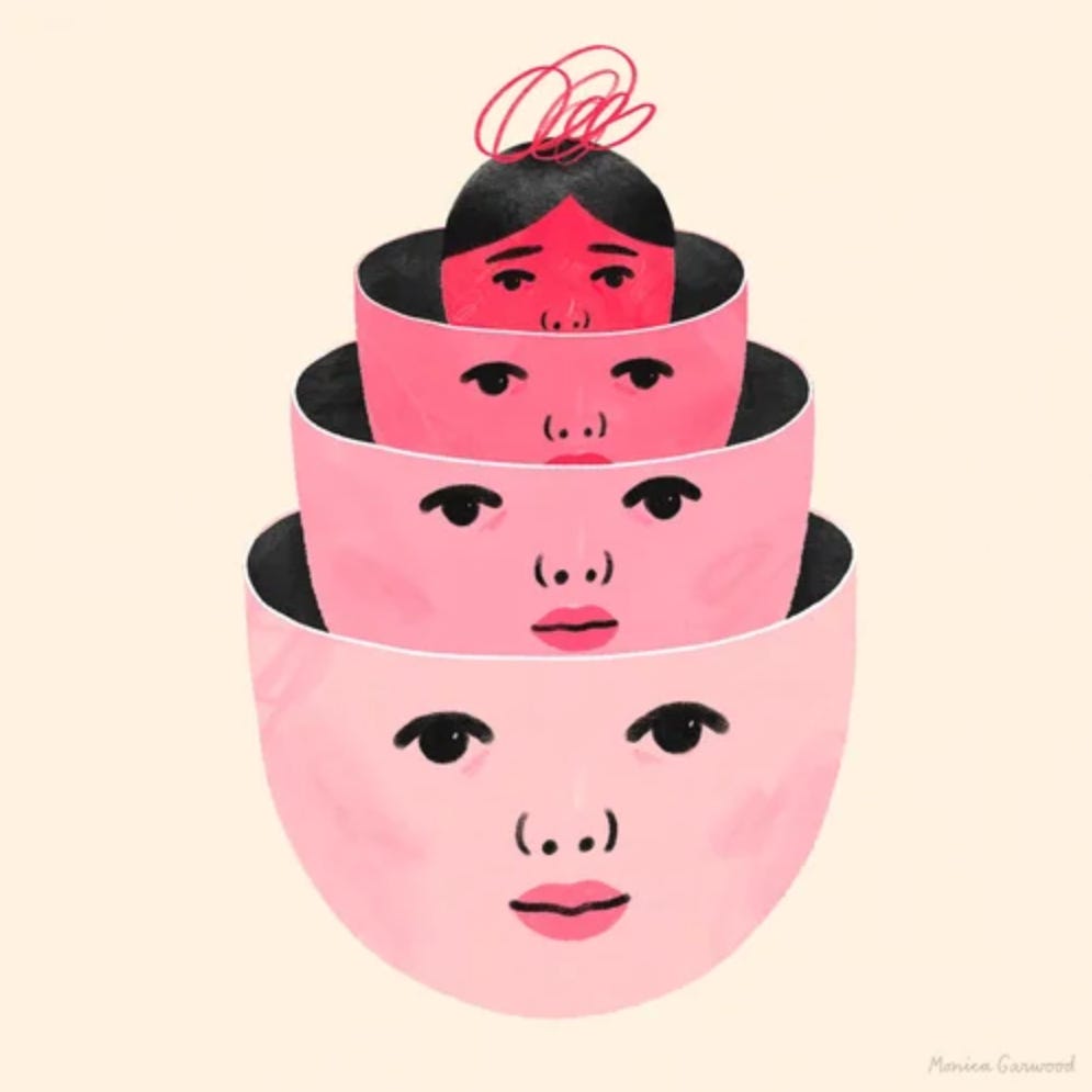 Illustration of a nesting doll with repeated faces, each layer revealing another face inside, symbolizing the hidden layers of identity and self-discovery.