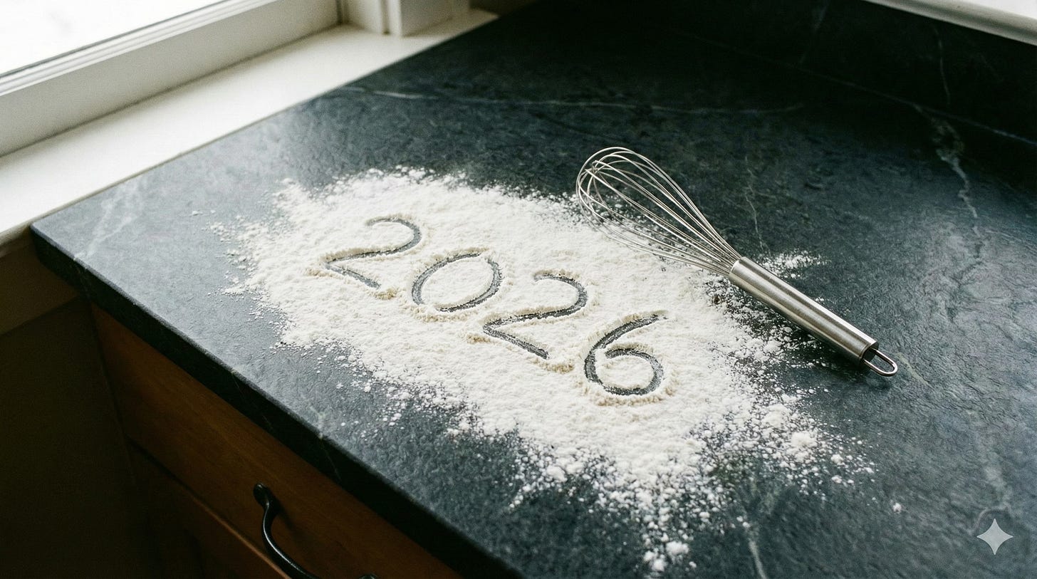 A dark stone kitchen countertop with a scattering of white flour. The year "2026" is hand-written into the flour. A stainless steel whisk rests beside it, suggesting preparation for baking.