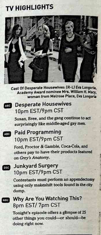 A newspaper clipping of satirical "TV Highlights" featuring a photo of the four lead actresses from Desperate Housewives walking down a street in dark dresses. Below the picture, satirical listings describe parody summaries for Desperate Housewives, Paid Programming (mocking Grey's Anatomy product placement), Junkyard Surgery, and Why Are You Watching This?.