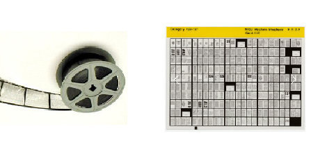 Microfilm microfiche - Picture of a microfilm roll and a sheet of microfiche