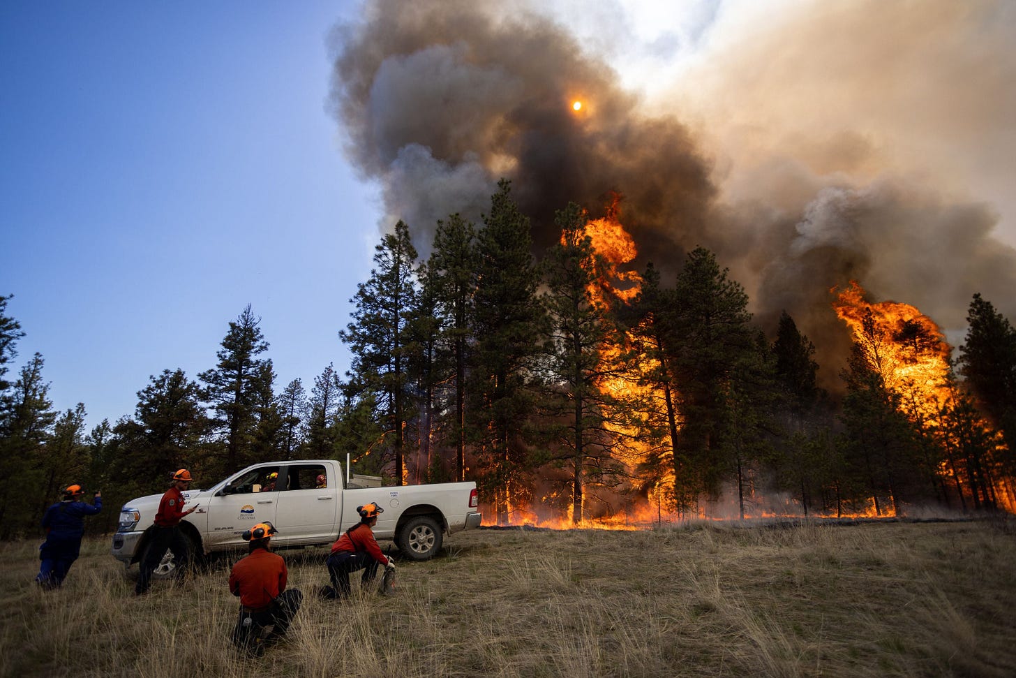 trees and land on fire as part of a prescribed burn, with BC wildfire service personnel crouching to the side of the fire, looking towards it. trees and land on fire as part of a prescribed burn, with BC wildfire service personnel crouching to the side of the fire, looking towards it.