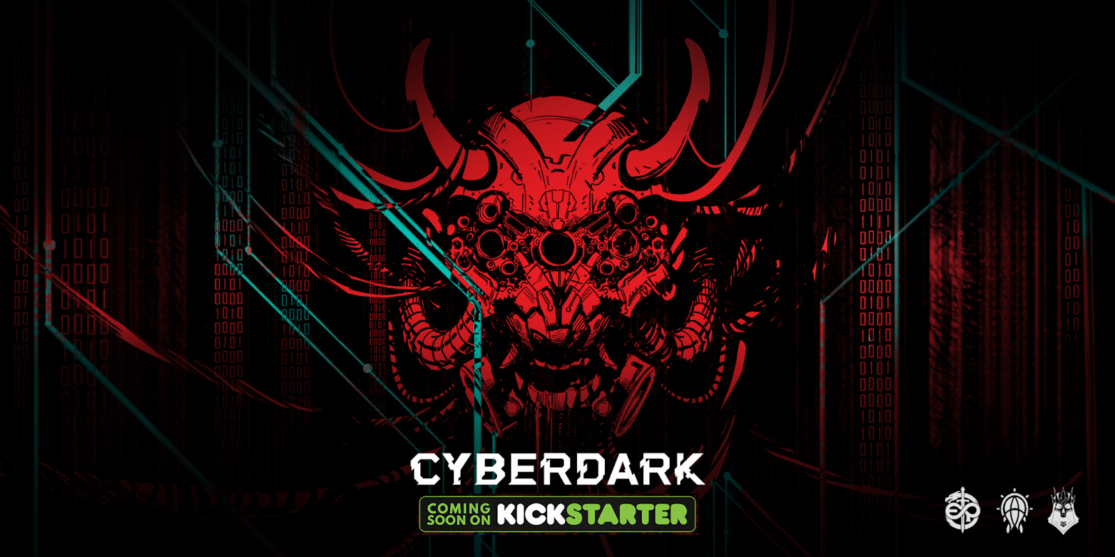 A banner-style graphic. The background is dark with red and teal glowing lines and columns of binary code. A large, stylized red skull-like creature with horns and multiple empty eye sockets is at the center. Below the main image, the words “CYBERDARK” are in a futuristic font, with “COMING SOON ON KICKSTARTER” underneath.