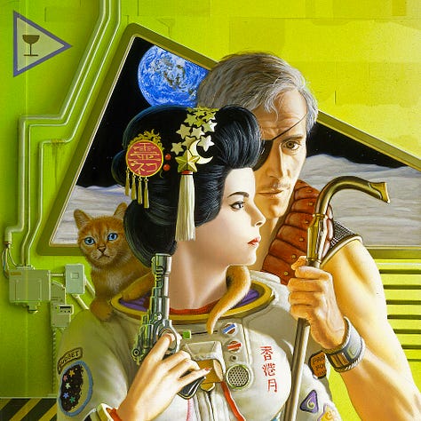 LEFT: Detail from CAT WHO WALKS THROUGH WALLS featuring a debonair man with grey hair, thin mustache, and eye patch standing behind a woman in a spacesuit. Her hair is done up geisha style, decorated with cultural ornaments in red and gold. A band of five pointed stars toward the front of her hair ends with a crescent moon, a star and a tassel. An orange tabby cat rests on her shoulder with one paw in the metal ring of her collar and its tail wrapping around the other side of her neck. CENTER: Close detail from CAT WHO WALKS THROUGH WALLS featuring the sleeve of the woman's spacesuit with a checker pattern cuff and the artist's sigil, the stylized letters M and W intersecting inside a circle with the copyright date 1985. RIGHT: Close detail from CAT WHO WALKS THROUGH WALLS featuring an orange tabby cat on the shoulder of woman wearing a spacesuit. It has vibrant blue eyes. The patch on the shoulder of her spacesuit reads "Budget" with another patch below showing 5 pointed stars on a field of black set against a crescent moon. Her hair is done up geisha style, decorated with cultural ornaments in red and gold. A band of five pointed stars toward the front of her hair ends with a crescent moon, a star and a tassel.