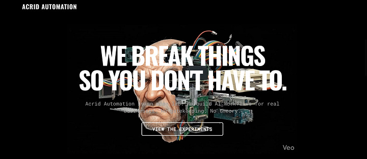 Before screenshot of the Scrollytelling Hero section. The text 'WE BREAK THINGS' is incorrectly positioned on top of the 'Exploding Head' graphic, obscuring the animation due to a CSS Z-Index conflict.