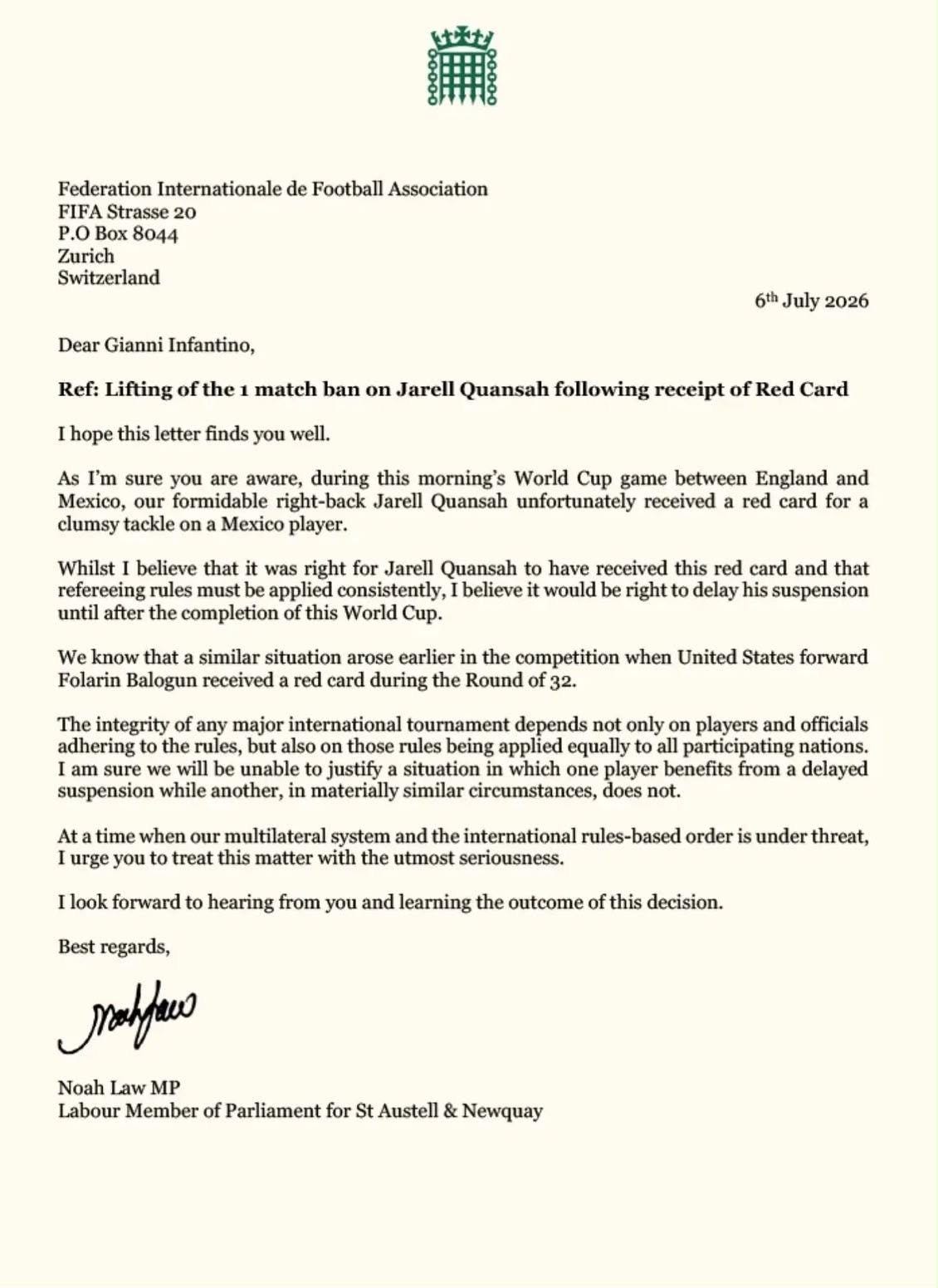 r/soccer - Noah Law, UK MP, writes to Infantino regarding Jarell Quansah’s red card r/soccer - Noah Law, UK MP, writes to Infantino regarding Jarell Quansah’s red card