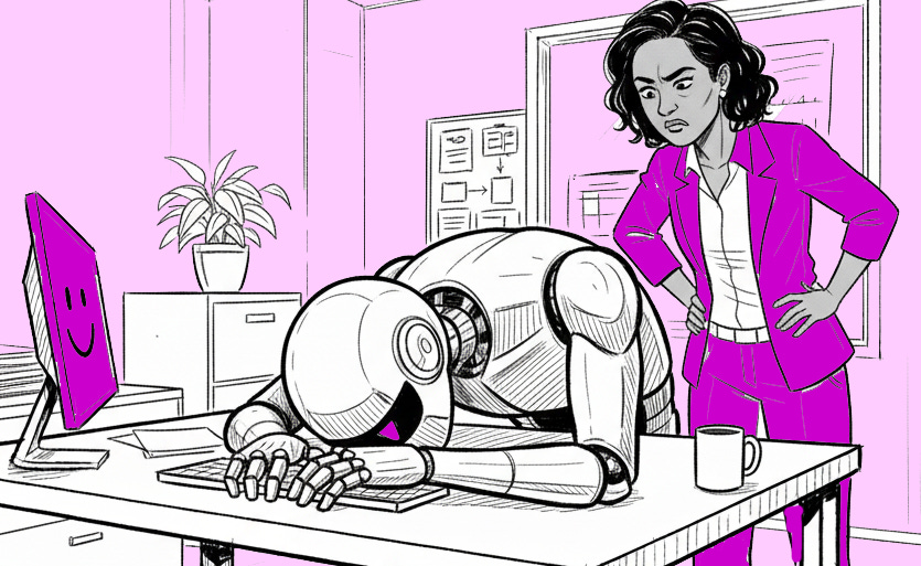 A robot is slumped asleep on a desk in office. A disgruntled woman wearing a suit looms over it.  A computer monitor shows a smiley face. Image co-created with Gemini AI 