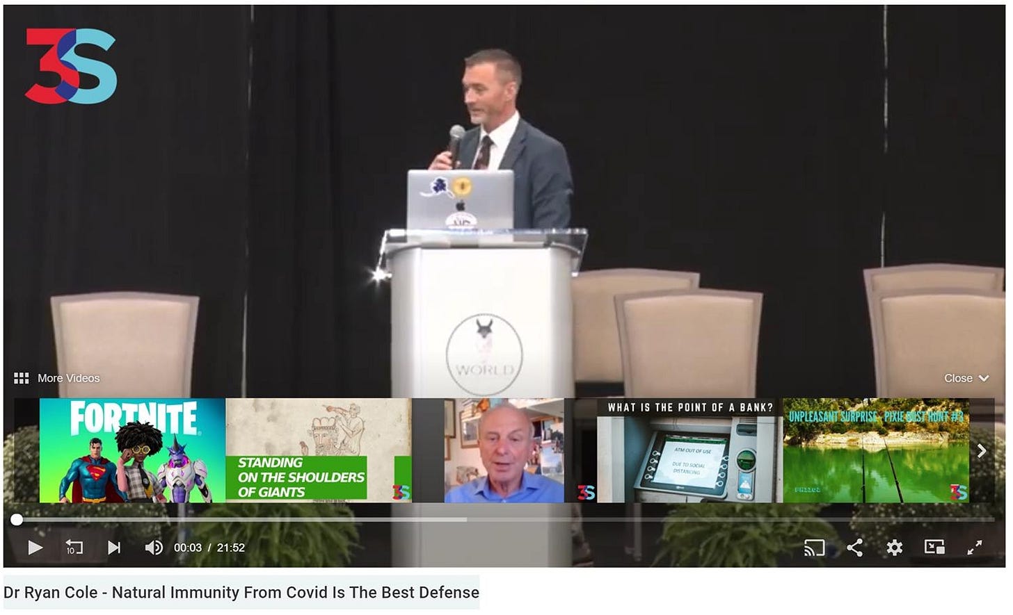 May be an image of 4 people and text that says '3S More Videos FORTHITE WORLD WHAT THE POINT ON SHOULER SHOULDERS OF GIANTS R Close 00:03 BANK? ULEATSRISPE 21:52 Dr Ryan Cole Natural Immunity From Covid Is The Best Defense'