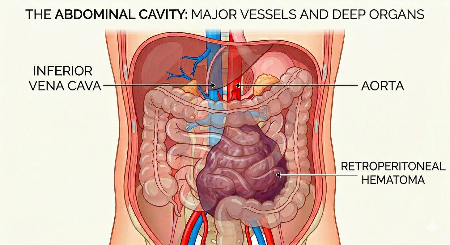 Illustration of the abdominal cavity with major vessels, organs, and a retroperitoneal hematoma.