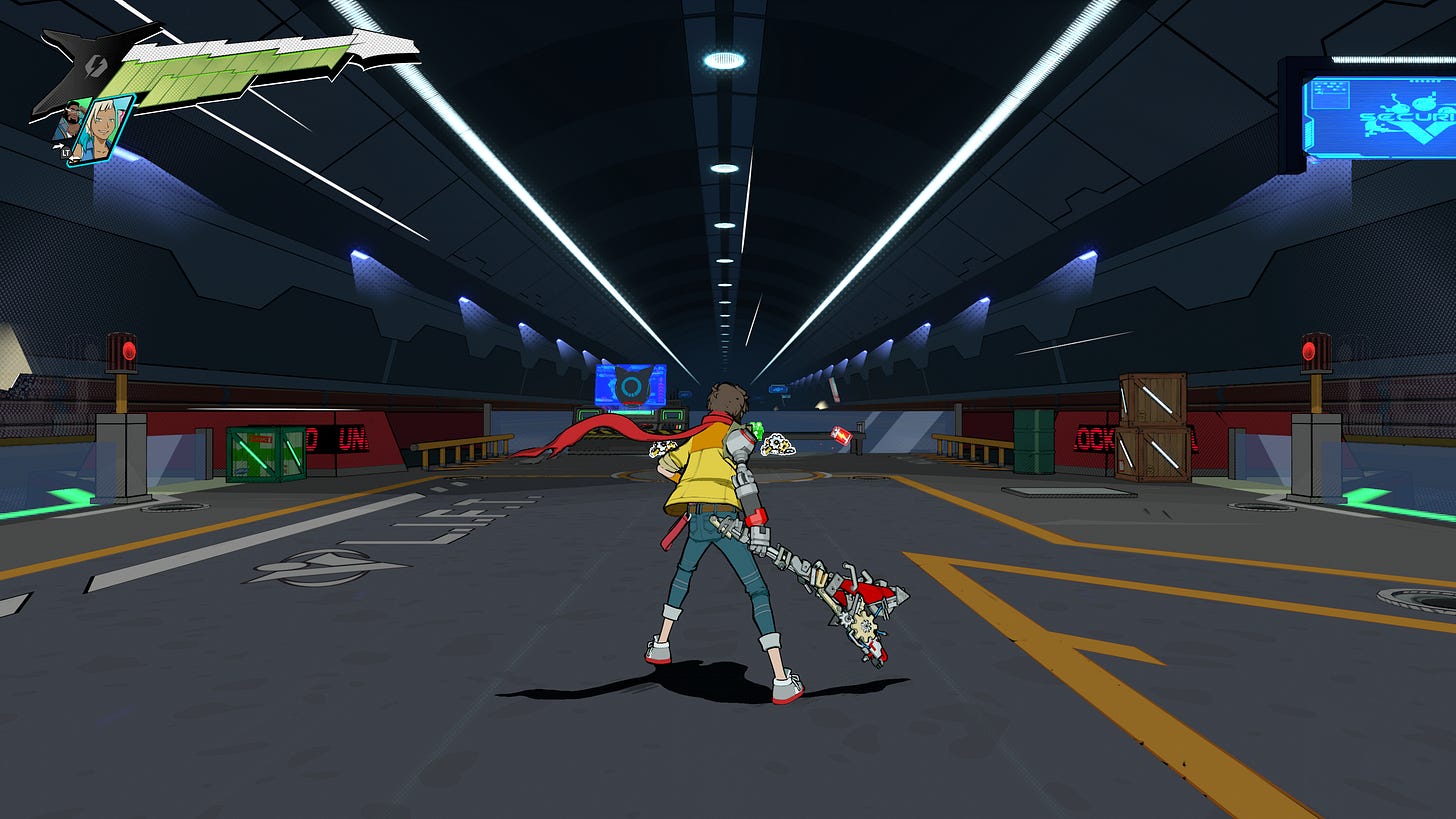 Alt Text: A Screenshot of Hi-Fi Rush, showing the playable character standing in what looks like a parking lot, holding his weapon, a modified electric guitar.