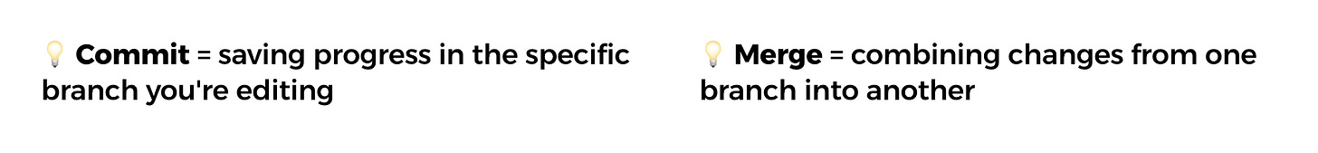 A callout box explaining the difference between a commit and a merge. 💡 Commit = saving progress in the specific branch you’re editing 💡 Merge = combining changes from one branch into another. Created by Karo from Product with Attitude.