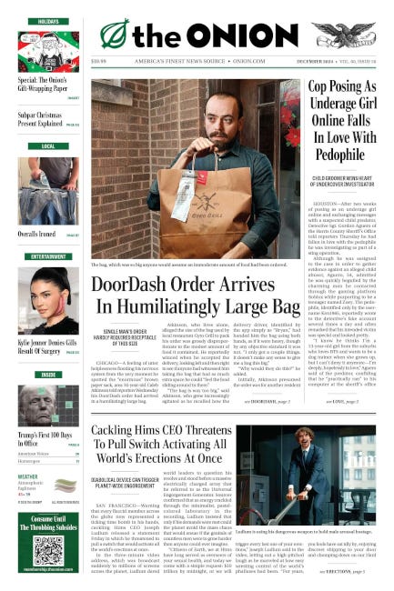 COuverture de The Onion en 2024. Le titre : "Une commande à domicile Doordash arrive dans un sac si grand que cen est humiliant".