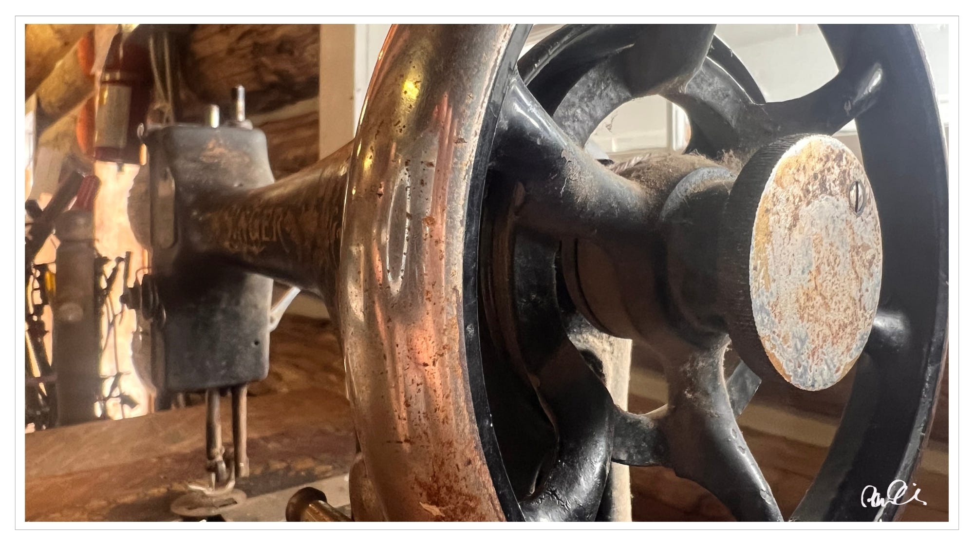 Antique sewing machine, copper fittings