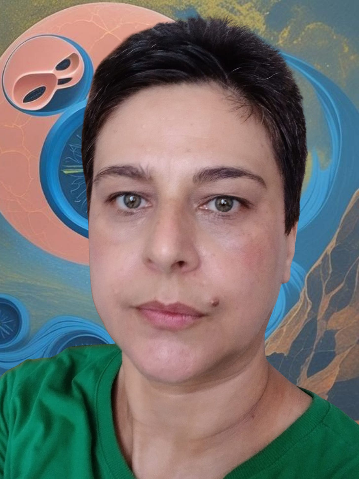 Retrato da artista e escritora Oryanna Borges com fundo artístico em tons de azul e laranja, representando o mundo secreto da imaginação.