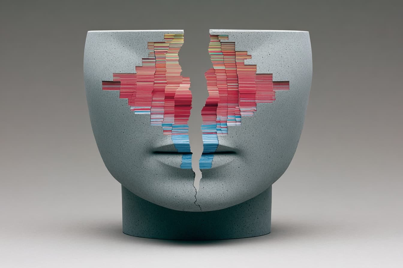 digital illustration of a vase shaped like the lower half of a face, cracked in half digital illustration of a vase shaped like the lower half of a face, cracked in half