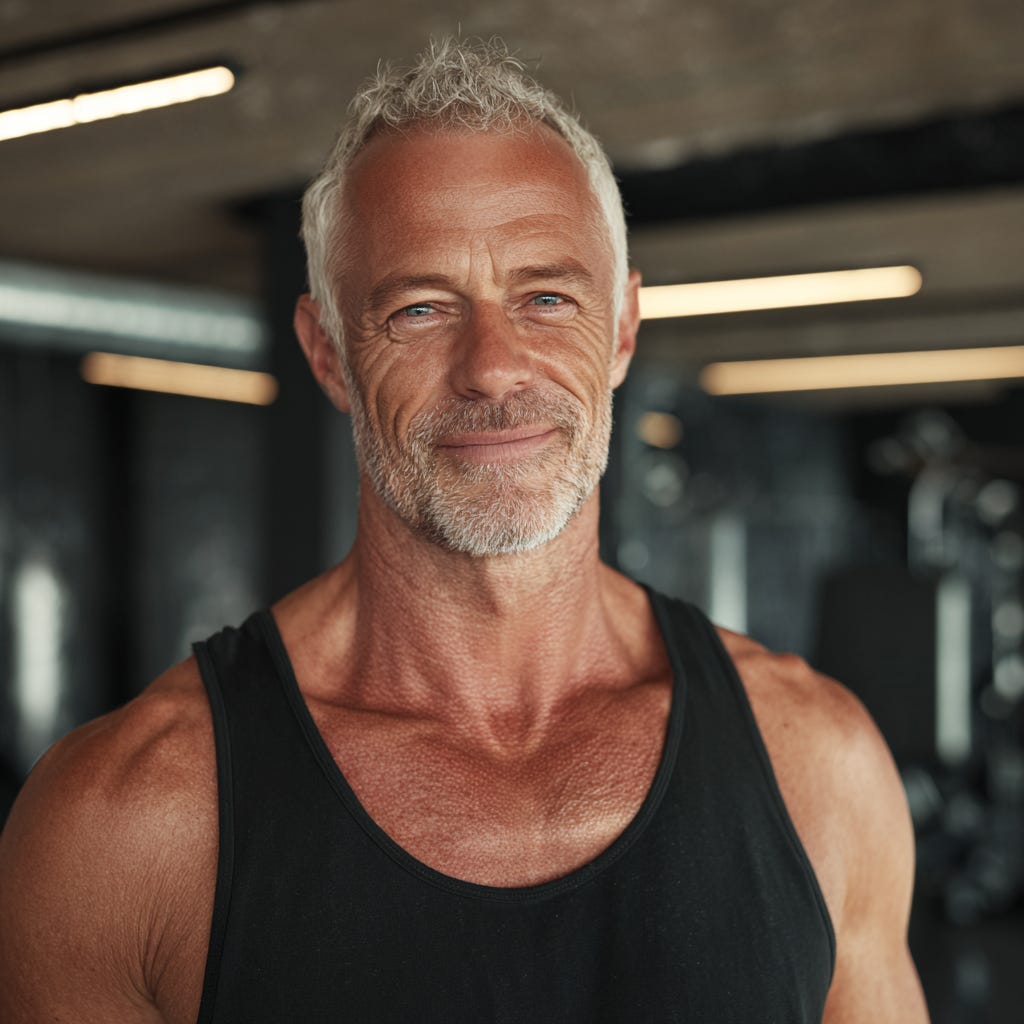 Strong, muscular older man smiling in the gym during a workout. 