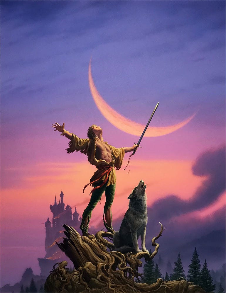 Standing on a broken, partially uprooted tree trunk, a man throws his arms wide and his head back with eyes closed. He holds a straight sword so the tip pierces the fat crescent of moon looming overhead in the lavender sky. His tunic is open to expose his chest. The fabric billows as the breeze catches it, and the tails of a red sash flutter. One sleeve is in tatters as are the lower legs of his pants. A gray wolf sits on the gnarled roots below him, extending its neck in a howl. The moon looms large overhead in crescent. In silhouette, a castle burns in the background sweeping trails of smoke across the forested hills. Standing on a broken, partially uprooted tree trunk, a man throws his arms wide and his head back with eyes closed. He holds a straight sword so the tip pierces the fat crescent of moon looming overhead in the lavender sky. His tunic is open to expose his chest. The fabric billows as the breeze catches it, and the tails of a red sash flutter. One sleeve is in tatters as are the lower legs of his pants. A gray wolf sits on the gnarled roots below him, extending its neck in a howl. The moon looms large overhead in crescent. In silhouette, a castle burns in the background sweeping trails of smoke across the forested hills.