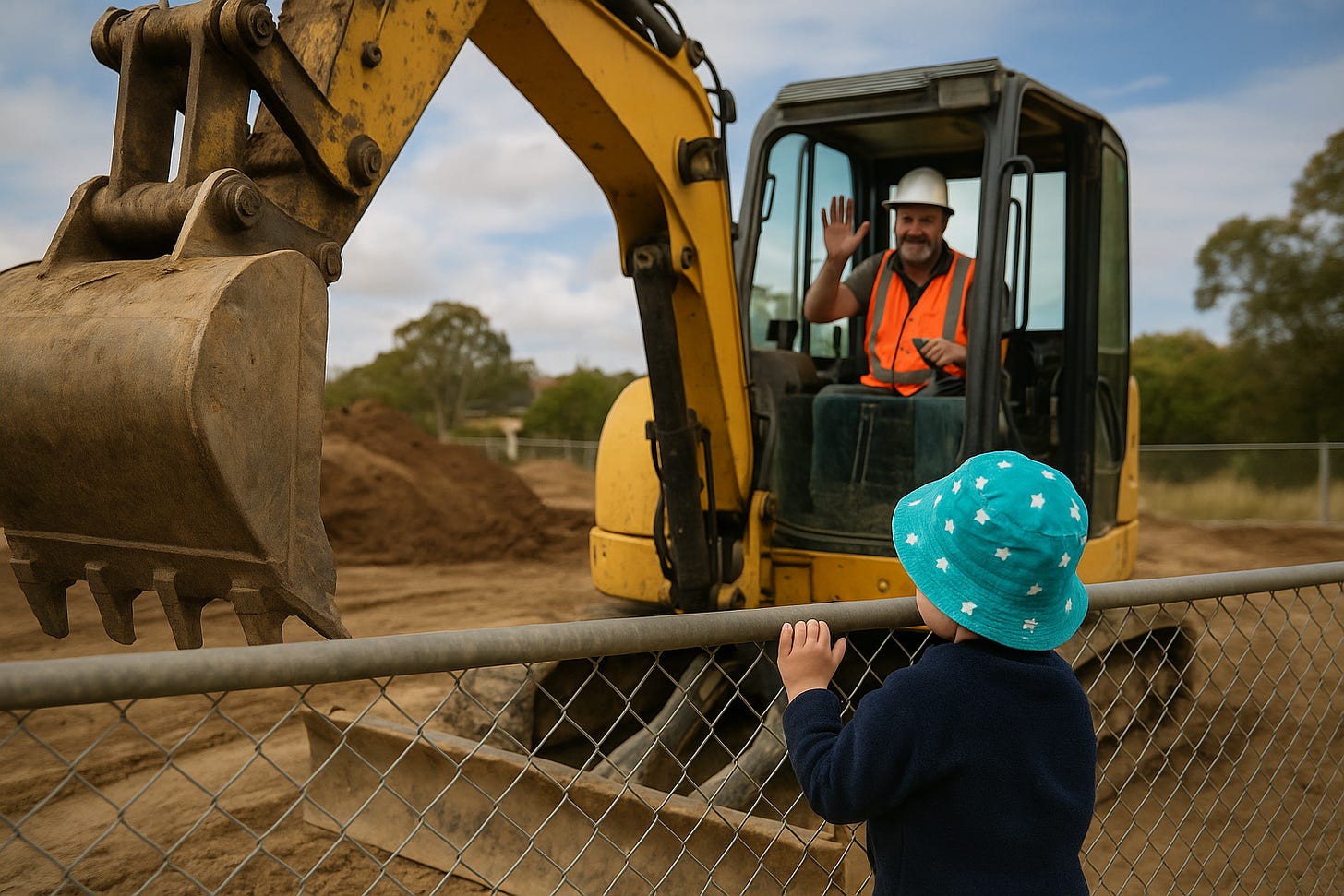 A construction worker in a white hard hat and orange safety vest smiles and waves from inside a yellow digger. In the foreground, a small child in a teal bucket hat with white stars and a navy fleece stands behind a wire fence, gazing up at the worker. The digger's bucket is raised, and piles of earth and trees fill the background under a partly cloudy sky. The moment captures a gentle, unexpected connection between the busy worksite and the child watching from outside. A construction worker in a white hard hat and orange safety vest smiles and waves from inside a yellow digger. In the foreground, a small child in a teal bucket hat with white stars and a navy fleece stands behind a wire fence, gazing up at the worker. The digger's bucket is raised, and piles of earth and trees fill the background under a partly cloudy sky. The moment captures a gentle, unexpected connection between the busy worksite and the child watching from outside.