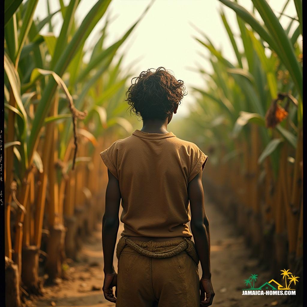 An Indian indentured laborer, clad in worn, earth-toned clothing, stands amidst a lush Jamaican landscape