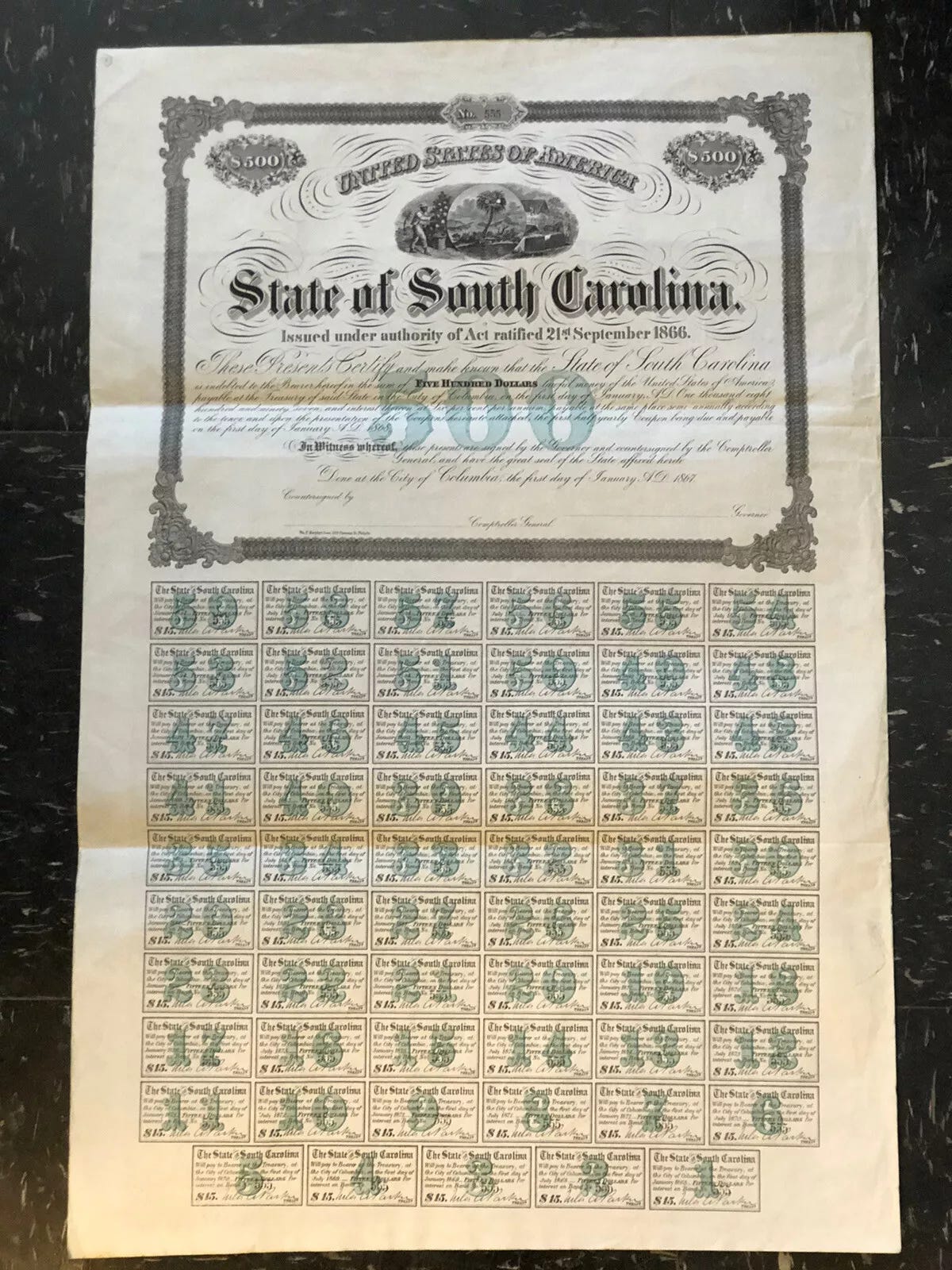 1866 US $500 kuponkötvény - Dél-Karolina állam - No. 555 - Maradék - 1/5. kép