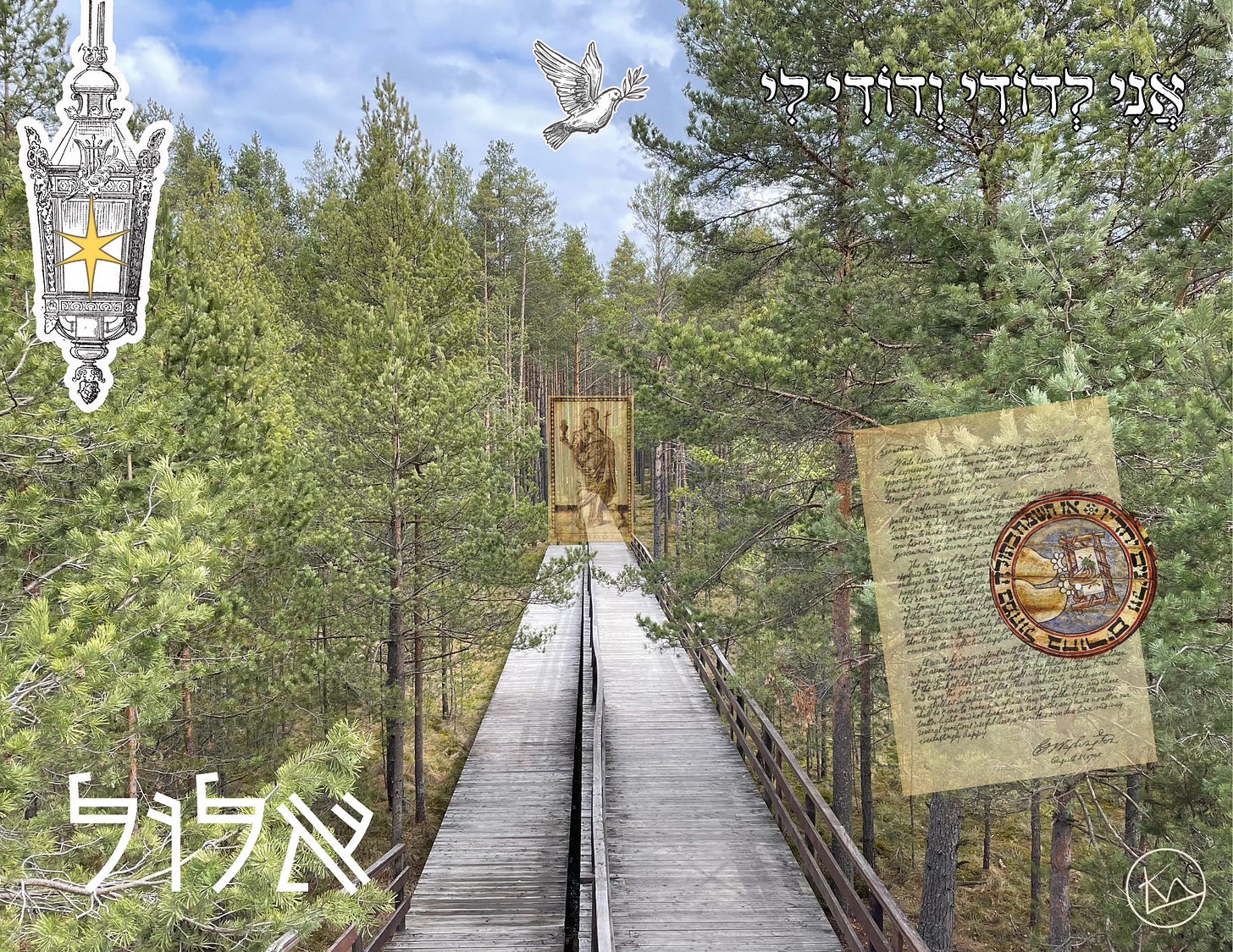 Digital collage. Backgroud is a photo ketzirah took in Poland of a long wooden pathway in the middle of a forest.  Other images include a lantern with a stylized 6-pointed star in the center -- calling back to the Hermit card of the Tarot. There is an illustration of a dove holding an olive branch in the top center. In the lower right is a copy of George Washington's letter to the Touro Synagogue confirming that all religions will be respected in America. on top of that is snippet from a painted ceiling of an old synagogue in Poland. the image is of a hand embroidering and symbolizes the astrological sign of Virgo.  In the top right are the hebrew words "ani l'dodi v'dodi li" meaning I am my beloveds and my beloved is mine, which Elul is said to be an acronym of.