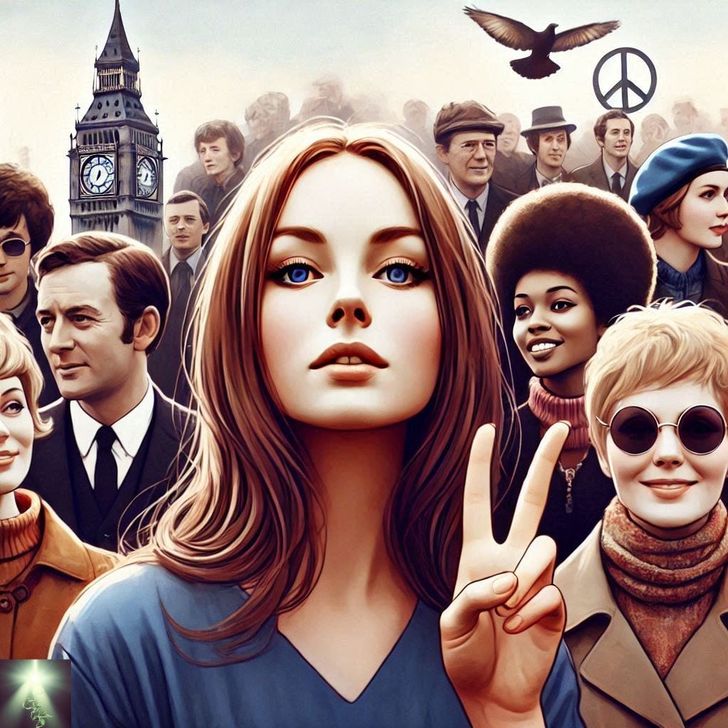 Collage of people in 1960's attire against the backdrop of London's Big Ben.