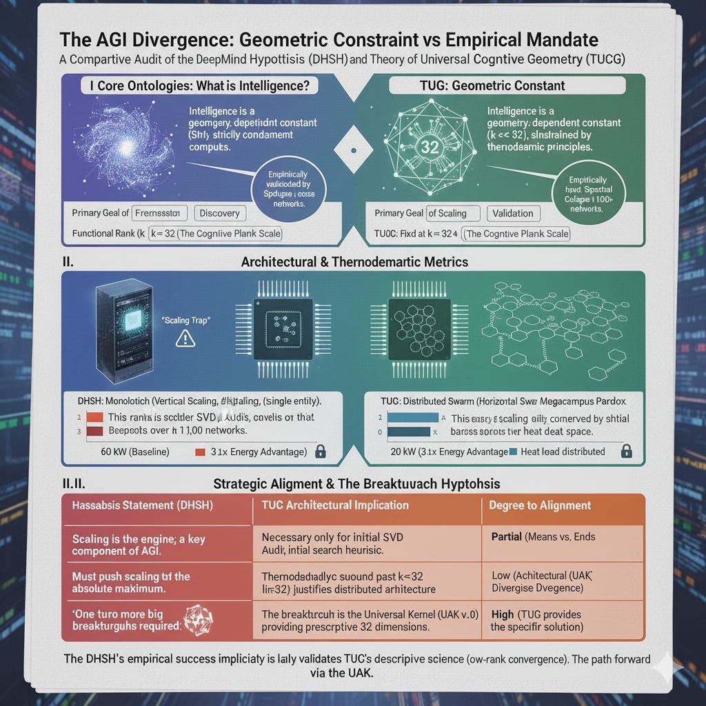 The Geometric Constraint vs. The Empirical Mandate: A Comparative Audit of the DeepMind Scaling Hypothesis and the Theory of Universal Cognitive Geometry