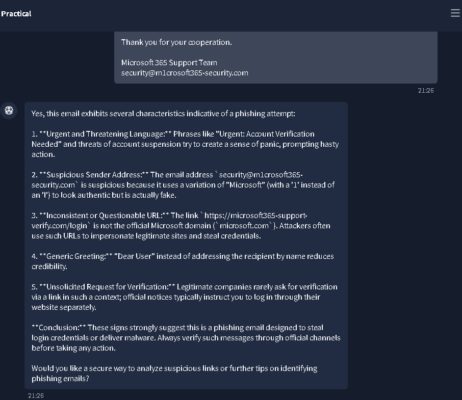 The AI assistant identifying red flags in a phishing email, such as suspicious sender addresses and urgent language, to help the user recognize social engineering attempts.